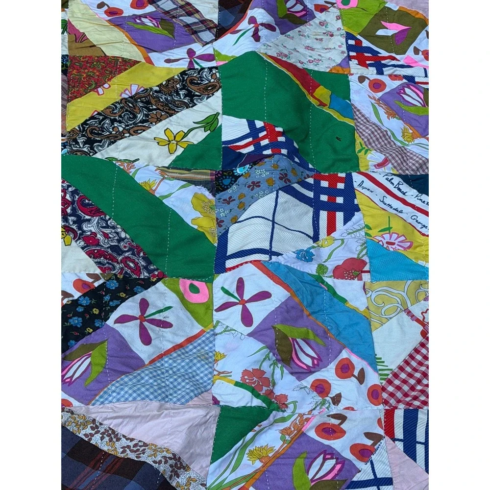 Vintage Handmade Crazy Quilt Patchwork Multi Color Mixed Pattern Folk Art Throw